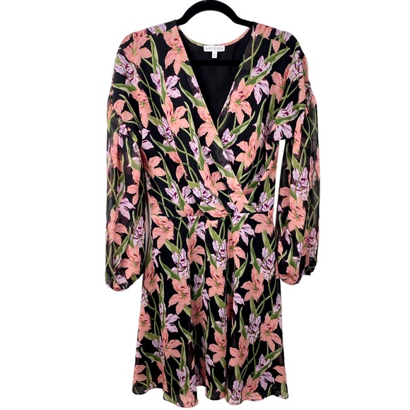 Anthropologie Aryessa Trellis Floral Wrap Dress Balloon Sleeve Small Black Pink - Picture 3 of 15